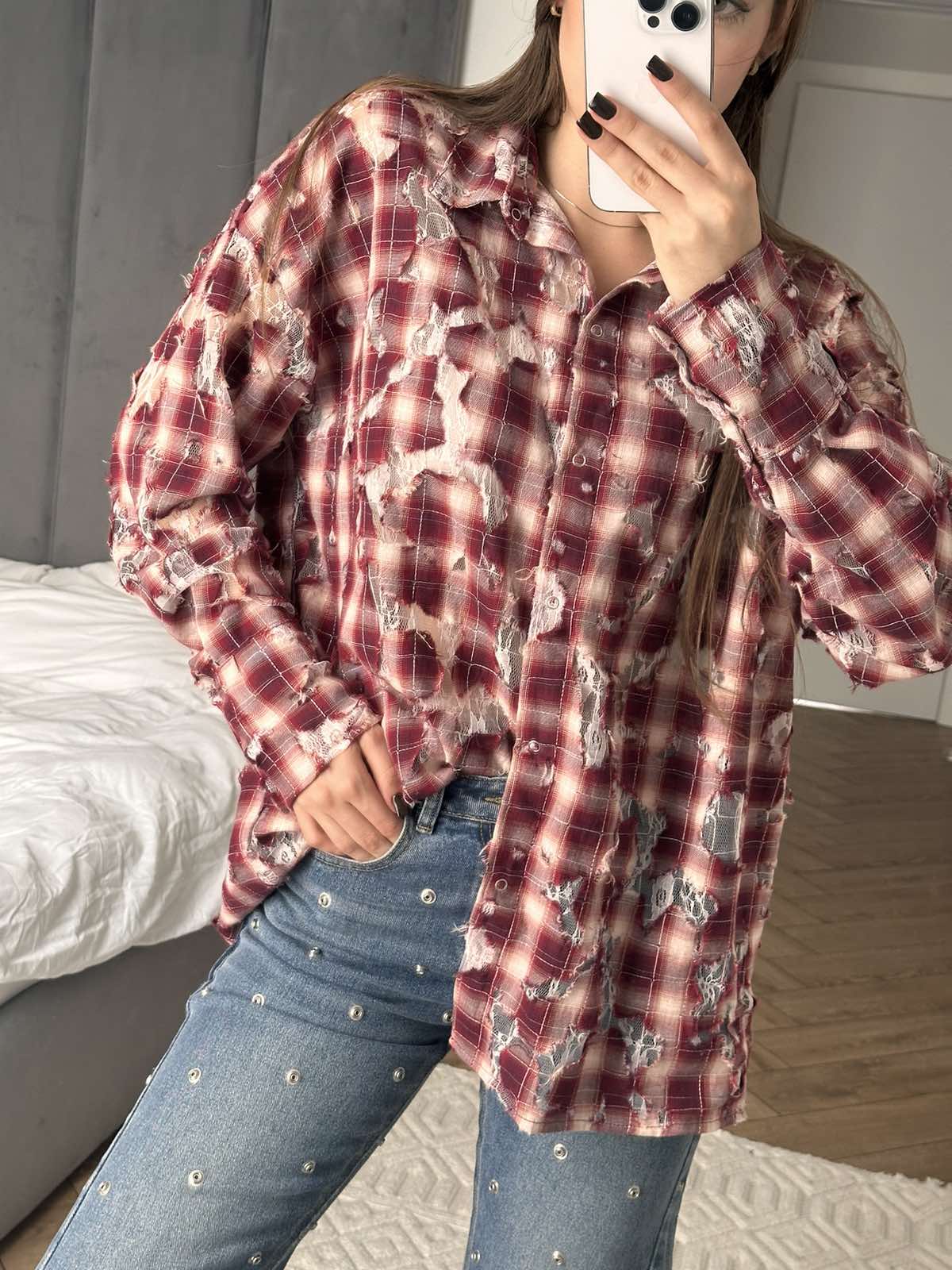 Сорочка в клітинку "Lace" Bordo